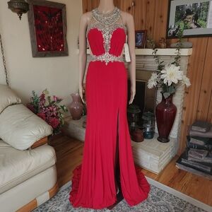 Red Embellished Halter Evening Gown